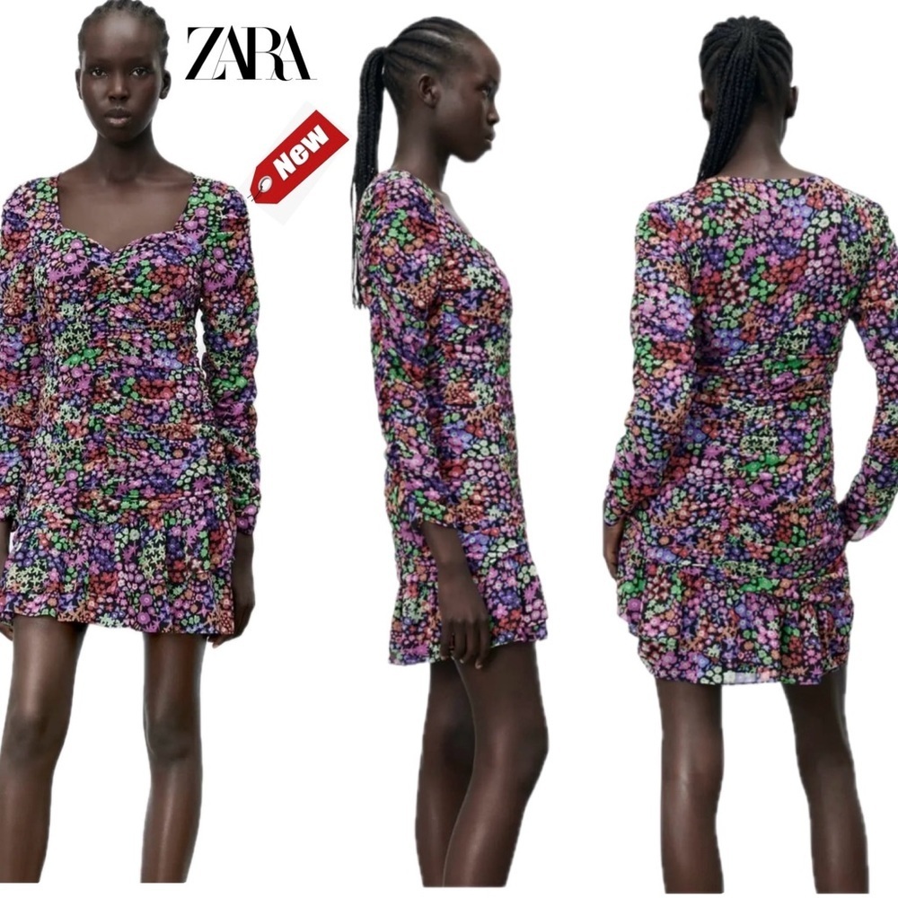 Zara multicoloured floral flower ruched ruffle frill long sleeve flare dress